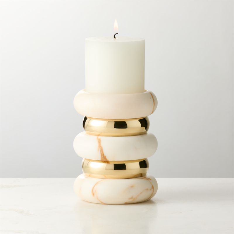 Band Golden Calacatta Marble And Unlacquered Brass Pillar Candle Holder Small - image 0 of 5