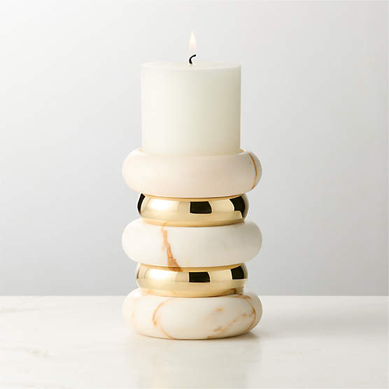 Band Golden Calacatta Marble And Unlacquered Brass Pillar Candle Holder Small