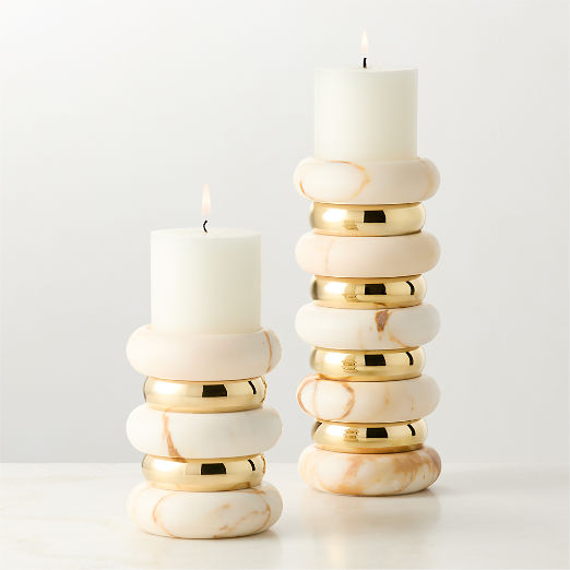 Band Golden Calacatta Marble And Unlacquered Brass Pillar Candle Holders