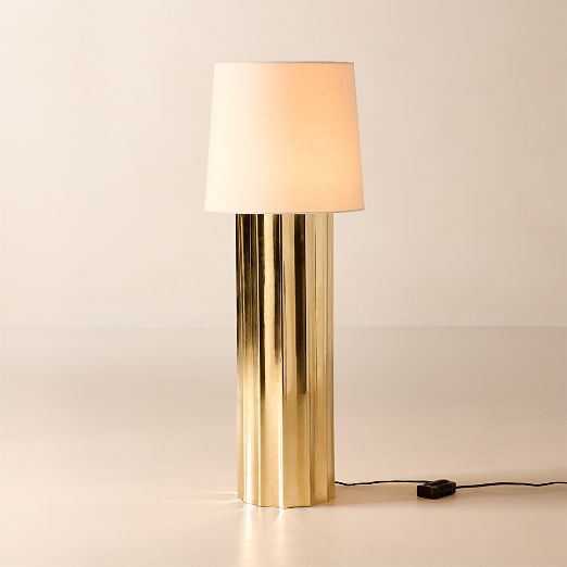 Baz Oversized Scalloped Unlacquered Brass Floor Lamp with Cotton Shade