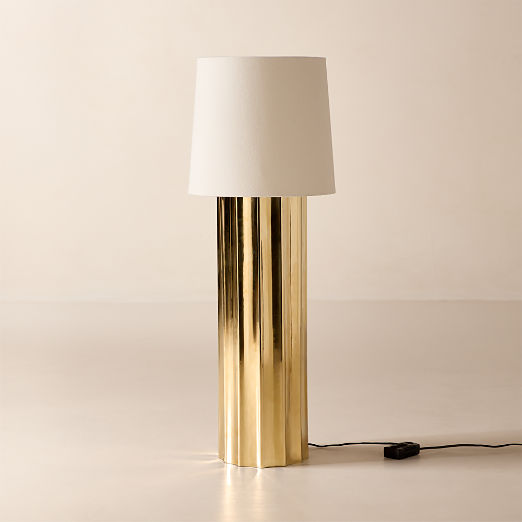 Baz Oversized Scalloped Unlacquered Brass Floor Lamp with Cotton Shade