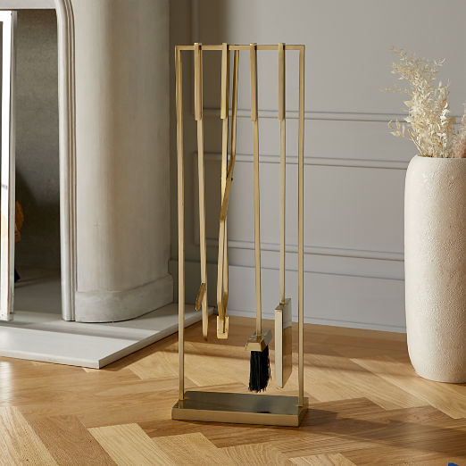 4-Piece Bend Gold Standing Fireplace Tool Set