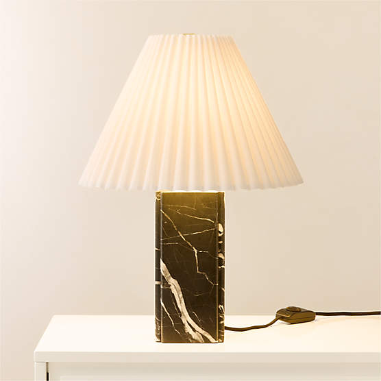 Bianca Black Marble Table Lamp with Pleated Linen Shade