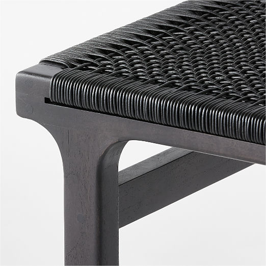 60" Black Woven Leather and Acacia Wood Bench