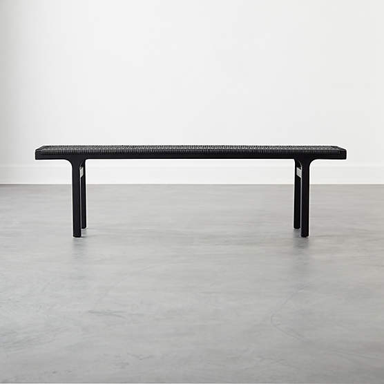 60" Black Woven Leather and Acacia Wood Bench