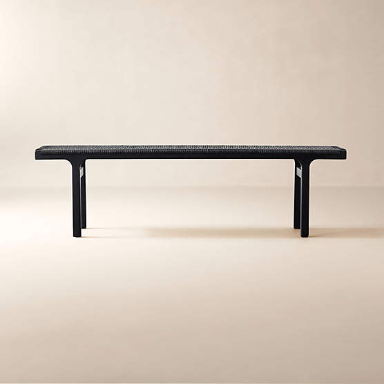 60" Black Woven Leather and Acacia Wood Bench