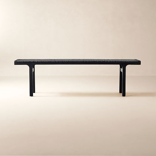60" Black Woven Leather and Acacia Wood Bench