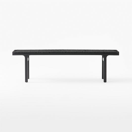 60" Black Woven Leather and Acacia Wood Bench