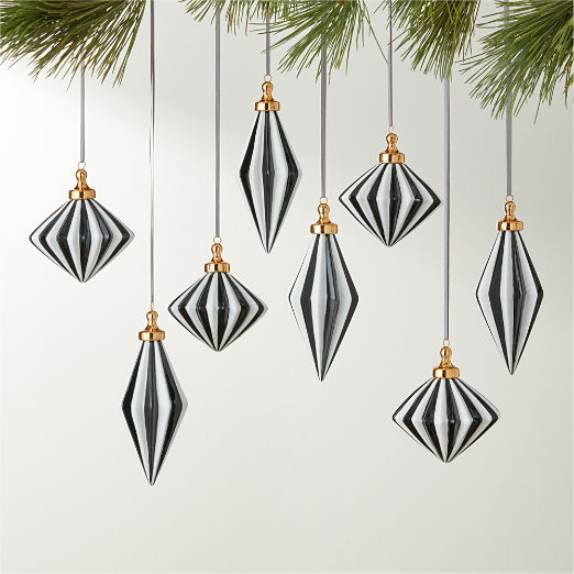 Bordeaux Hand-Painted Black and White Glass Christmas Tree Ornaments Set of 8