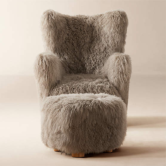 Bozzi Taupe Mongolian Sheepskin Chair and Ottoman Set