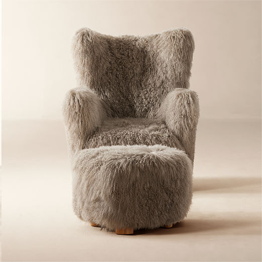 Bozzi Taupe Mongolian Sheepskin Chair and Ottoman Set