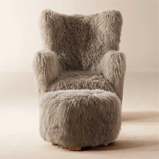 Bozzi Taupe Mongolian Sheepskin Chair and Ottoman Set