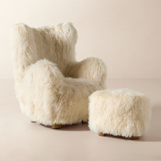 Bozzi Ivory Mongolian Sheepskin Chair and Ottoman Set