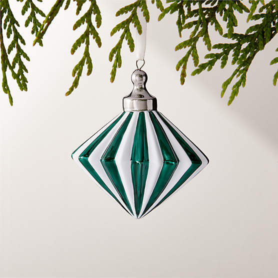 Bordeaux Hand-Painted Drop Green and White Glass Christmas Tree Ornament 3.5"