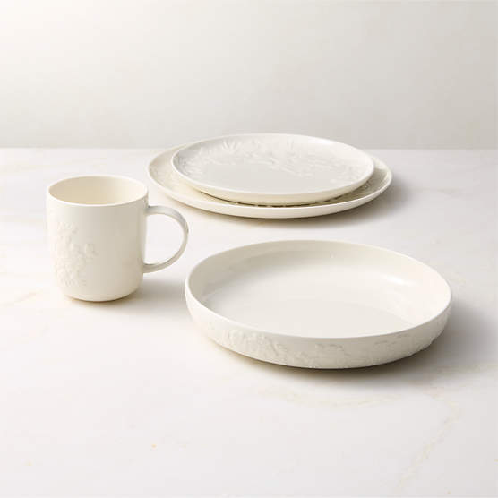 Brielle 4-Piece Ivory Floral Embossed Porcelain Dinnerware Set With Pasta Bowl