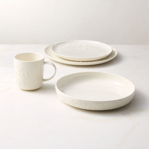 Brielle 4-Piece Ivory Floral Embossed Porcelain Dinnerware Set With Pasta Bowl