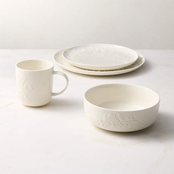 Brielle 4-Piece Ivory Floral Embossed Porcelain Dinnerware Set With Soup Bowl