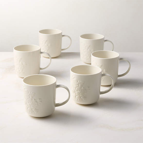 Brielle Ivory Floral Embossed Porcelain Mugs Set of 6