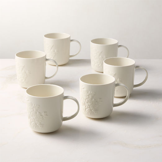Brielle Ivory Floral Embossed Porcelain Mugs Set of 6