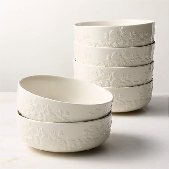 Brielle Ivory Floral Embossed Porcelain Soup Bowls Set of 6