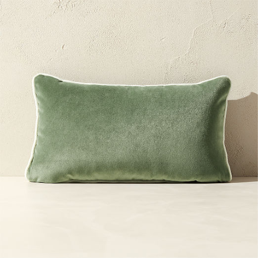Bronte Olive Green Velvet Outdoor Throw Pillow 20"x12"
