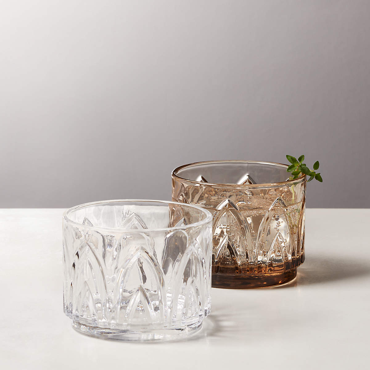 Buchanan Stacking Double Old-Fashioned Glasses | CB2 (Smoke color)