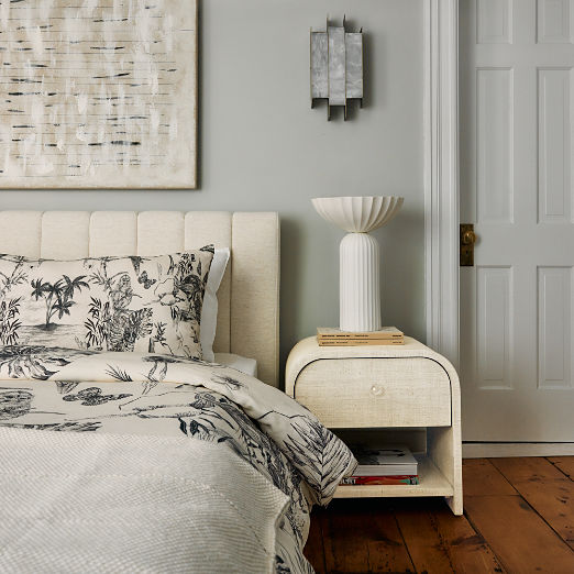 Archer White Lacquered Linen Nightstand with Drawer