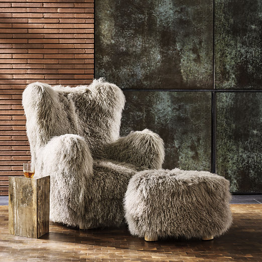 Bozzi Taupe Mongolian Sheepskin Chair and Ottoman Set