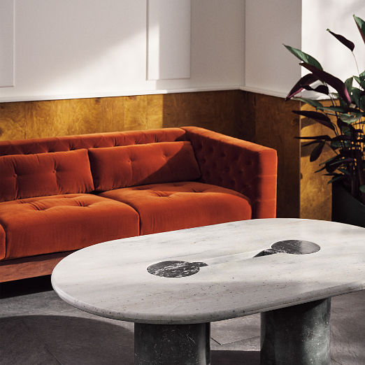 Liguria 51.25" Oval White Marble Coffee Table with Black Marble Base by Gianfranco Frattini