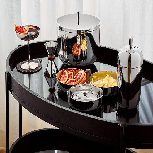 Kalman Polished Stainless Steel and Walnut Wood Serving Bowl Trio