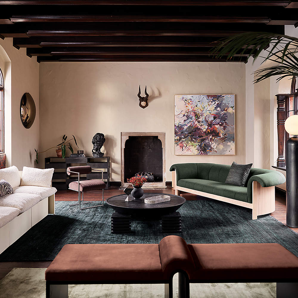 Cb2 green store sofa
