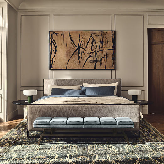 Panora Warm Grey Upholstered and Black Metal Bed