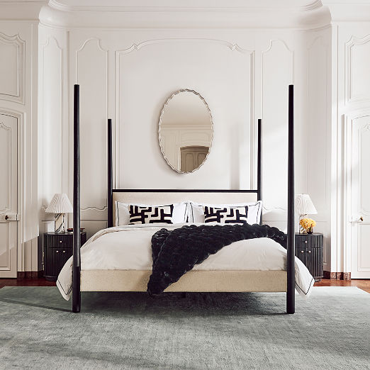 Arcata 4-Poster Black Wood and Ivory Upholstered Queen Bed