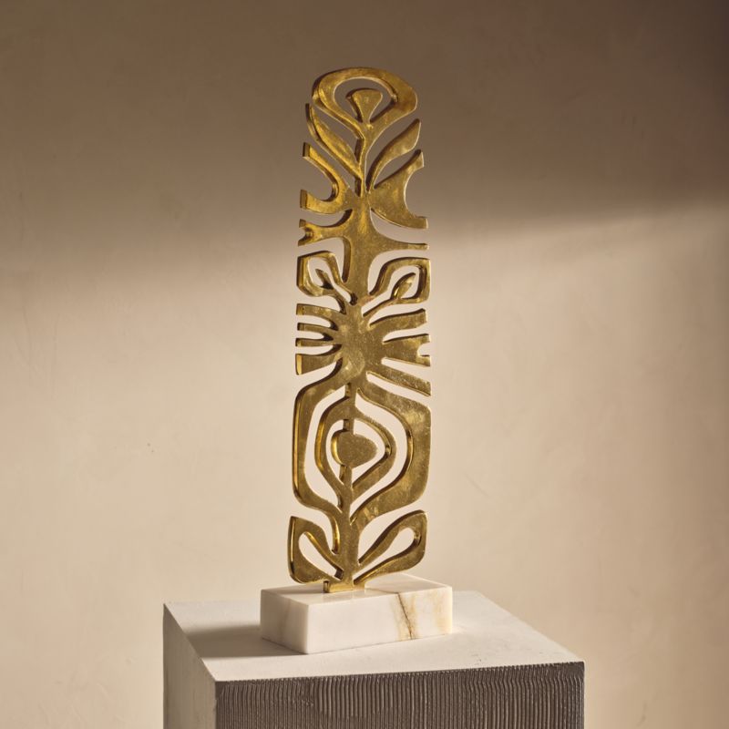 Vinya Unlacquered Brass Decorative Sculpture with White Marble Base By Ackerman - image 4 of 5