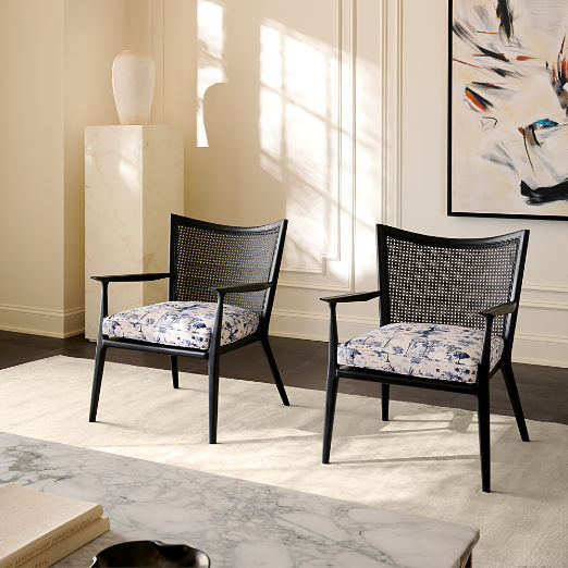 Thomas Cane Accent Chair with Landscape Fabric Cushion by Paul McCobb Set of 2