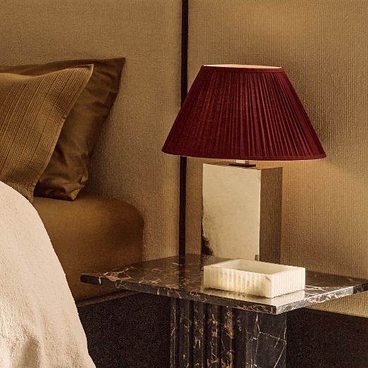 Carmichael Small Polished Nickel Table Lamp with Pleated Burgundy Shade