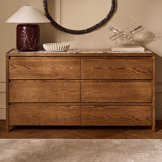 Welton 64" Oak 6-Drawer Dresser with Grey Marble Top