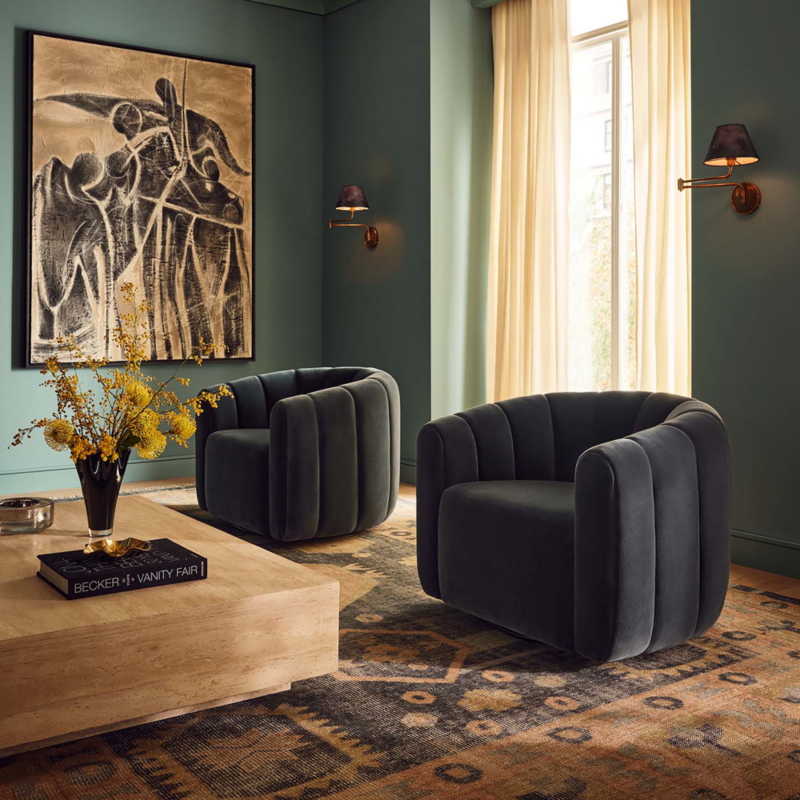 Fitz Channeled Denim Blue Velvet Swivel Chair - image 9 of 15