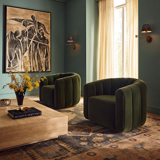 Fitz Channeled Green Velvet Swivel Chair