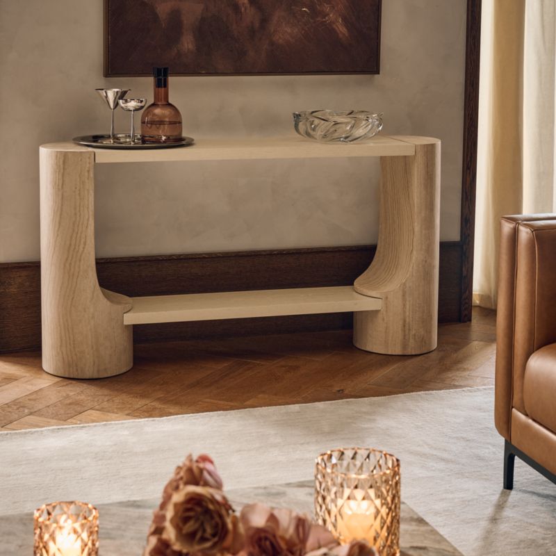 Scoop 55" Travertine and Oak Wood Console Table - image 6 of 11
