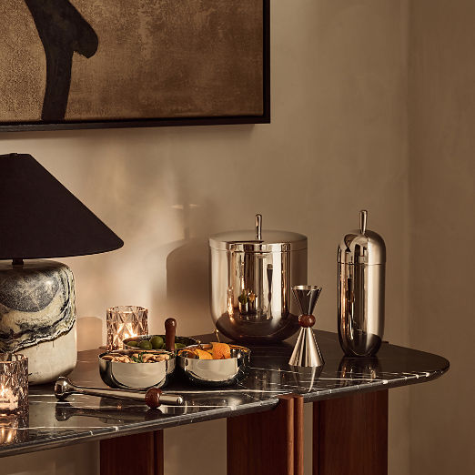 Kalman Polished Stainless Steel and Walnut Wood Bar Tool Set with Snack Bowl