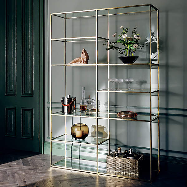Contemporary modernist curved brass and glass etagere display shelf