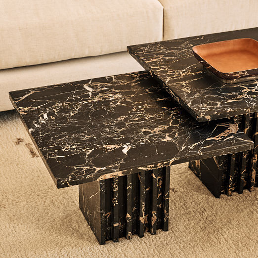 Carve Square Black Marble Side Tables