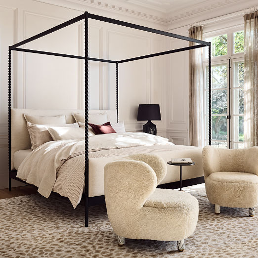 Amani Hand-Forged Steel Framed Warm White Upholstered Canopy Queen Bed