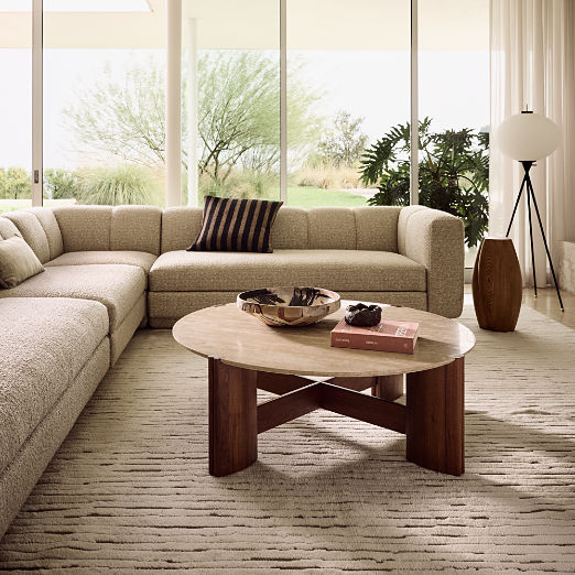 Tule 47" Round Travertine and Walnut Wood Coffee Table