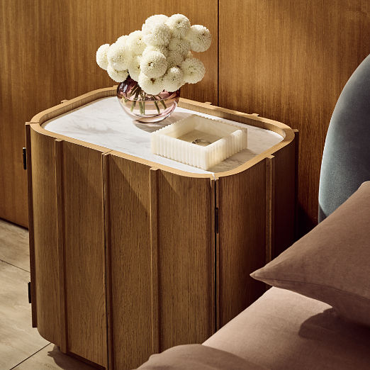 Robbie Light Oak Wood Nightstand with White Marble Top
