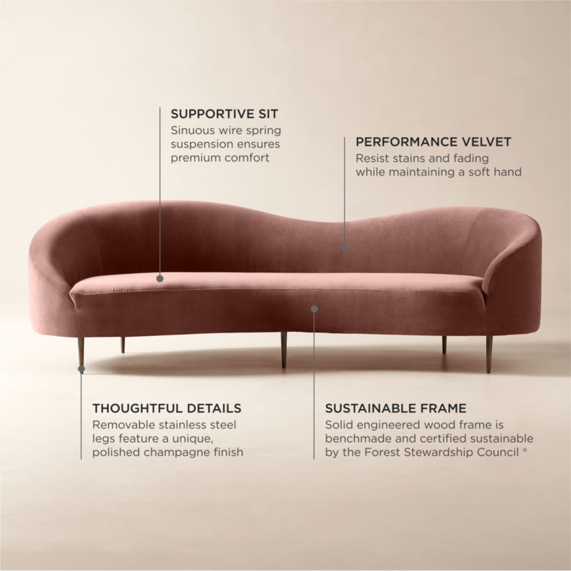 Curvo 96.5" Rose Velvet Sofa by goop - image 4 of 16