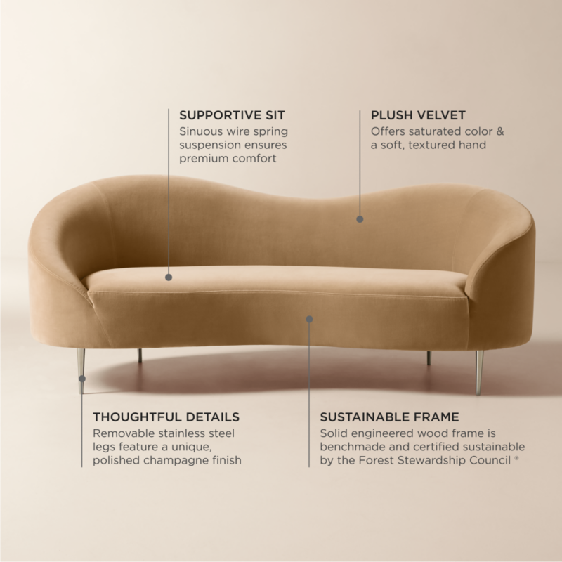 Curvo 75" Camel Velvet Apartment Sofa by goop - image 4 of 16
