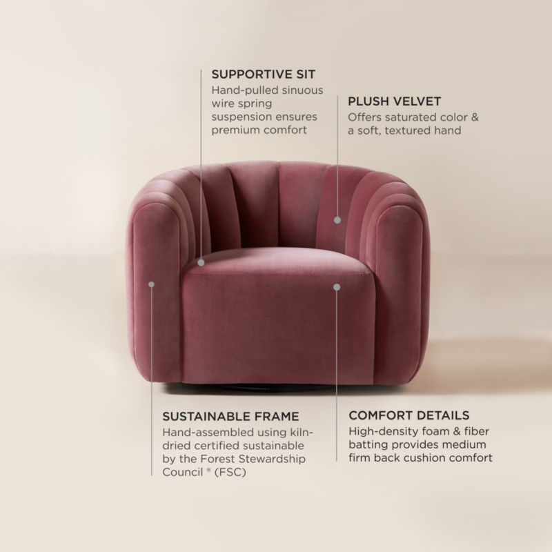 Fitz Channeled Rose Velvet Swivel Chair - image 4 of 14