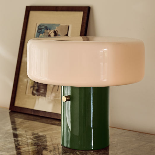 Pill High Gloss Olive Green Iron Table Lamp with Glass Shade by Bill Curry